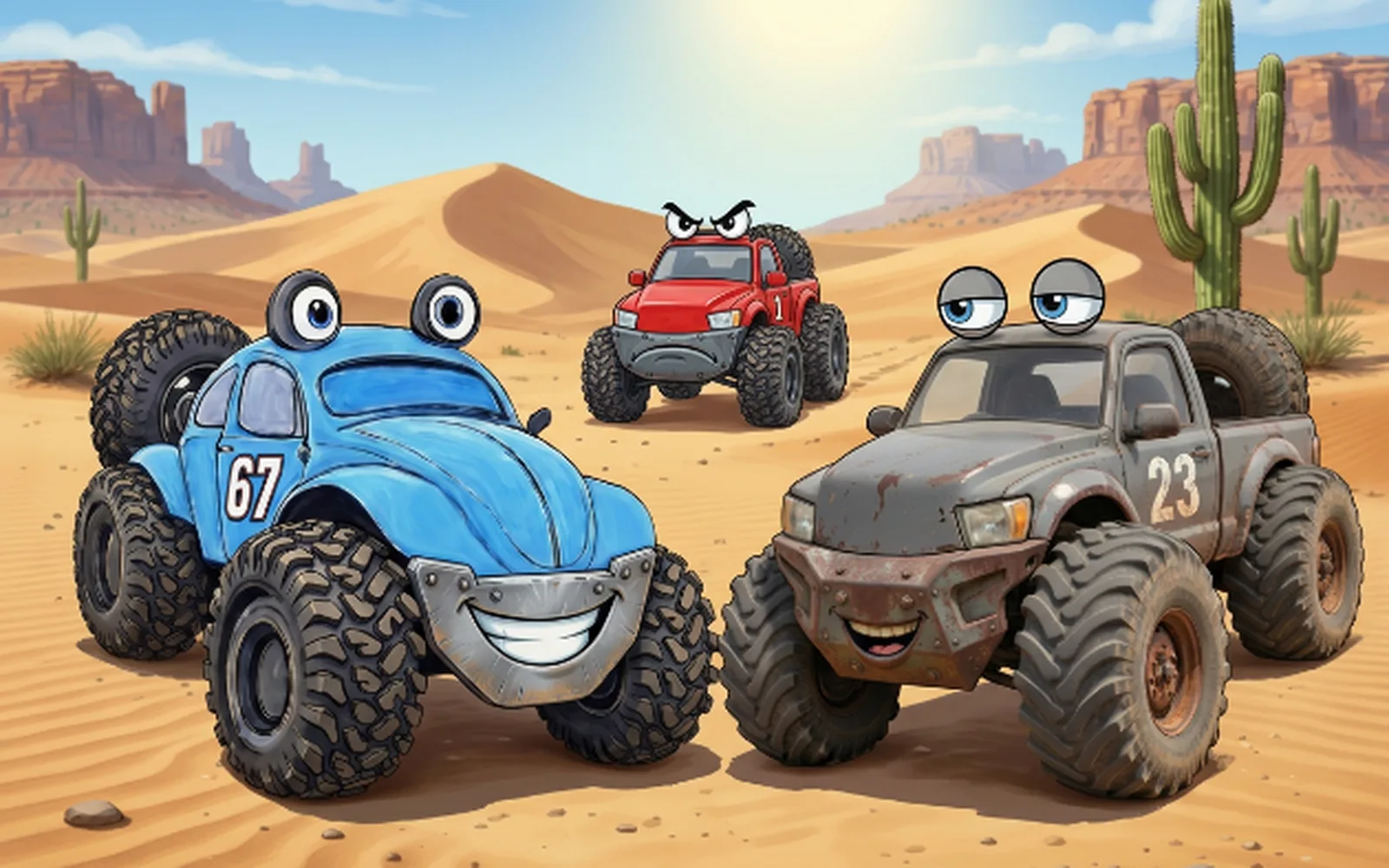 Buzzy, a blue Beetle, with two trucks in the desert