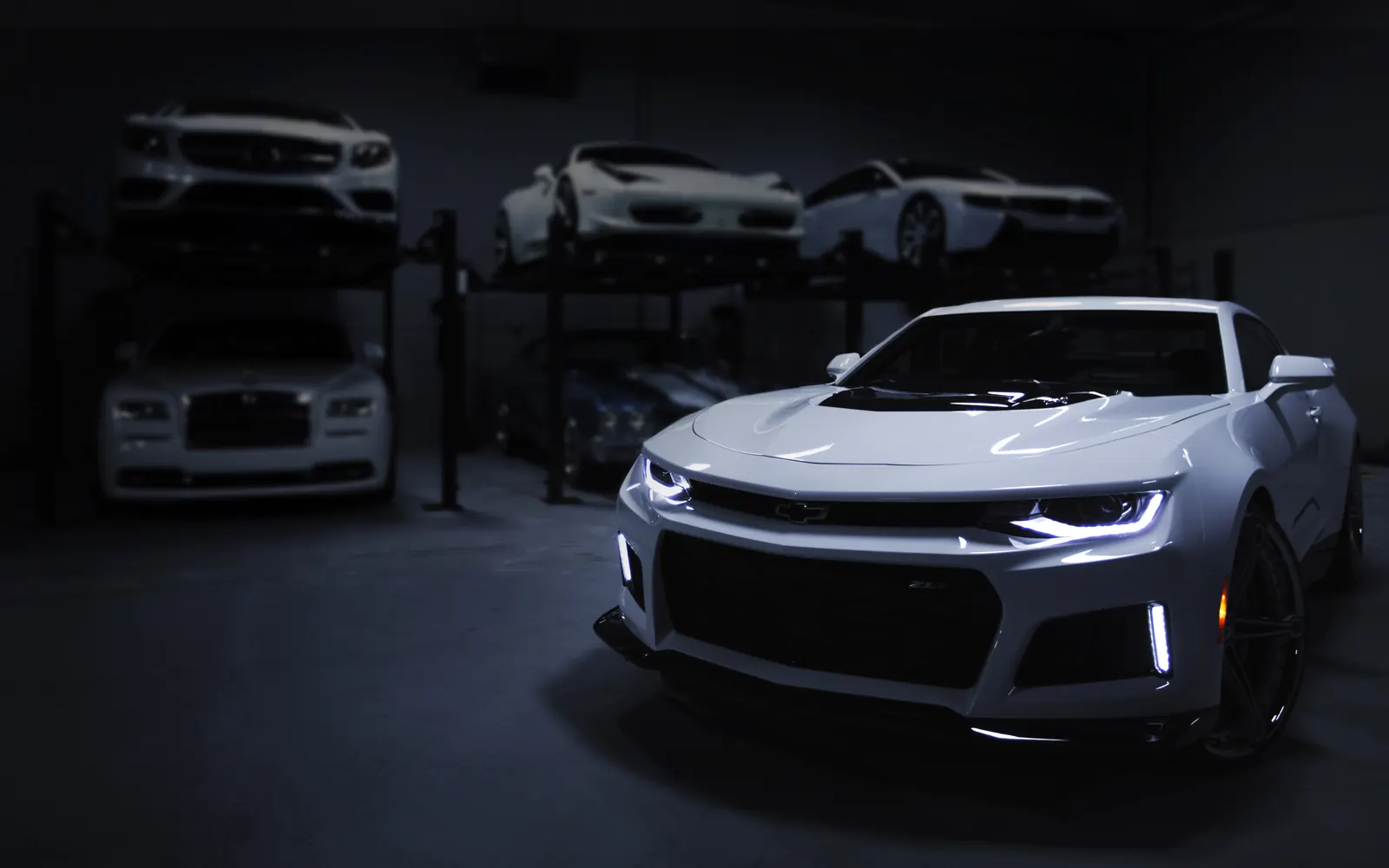 Sports car parked in a garage