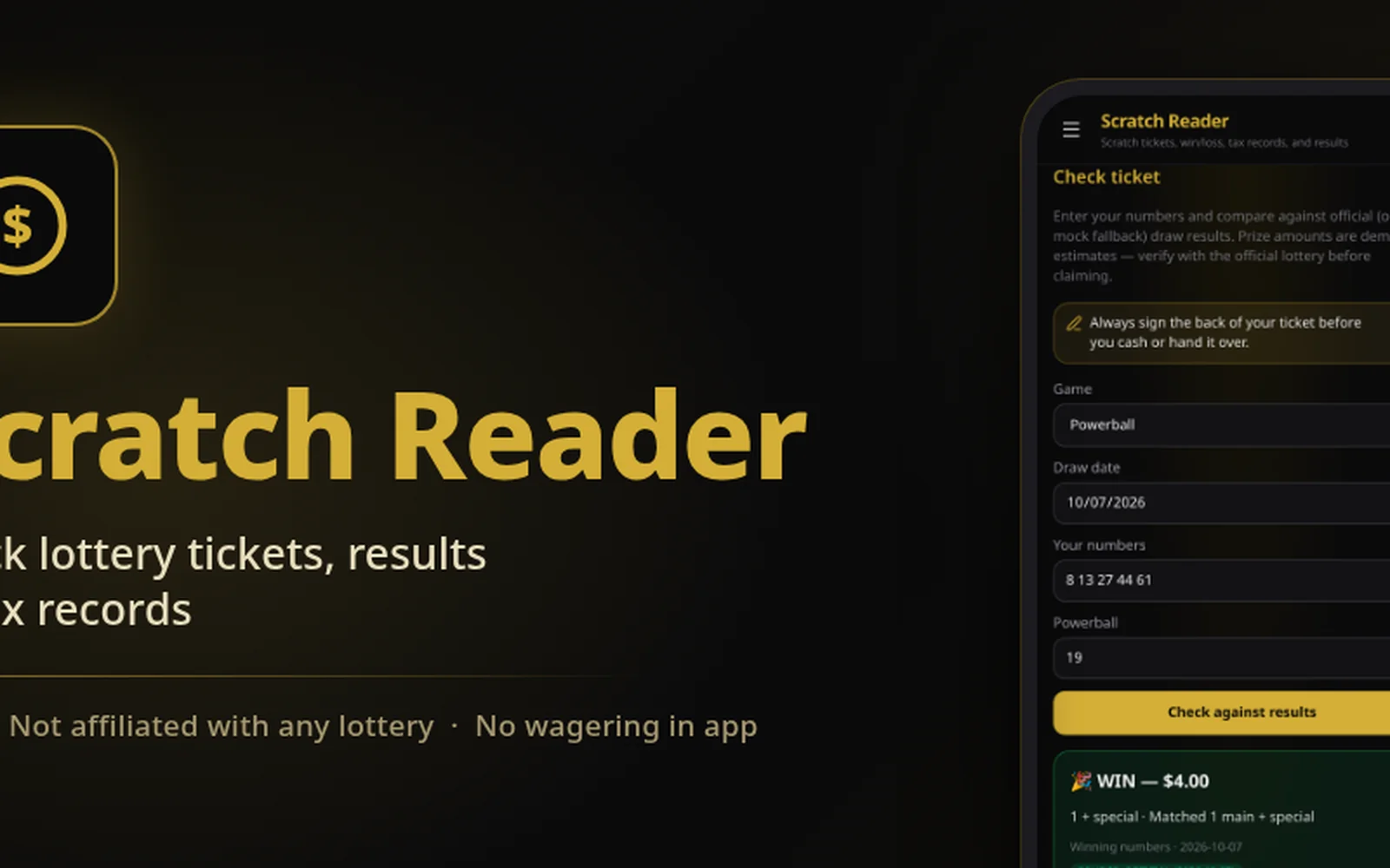 Scratch Reader, with a phone checking a lottery ticket